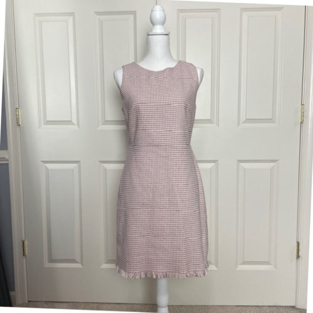 LOFT 8P Pink GreyTweed Fringe Hem Sleeveless Sheath Dress Casual Office Evening